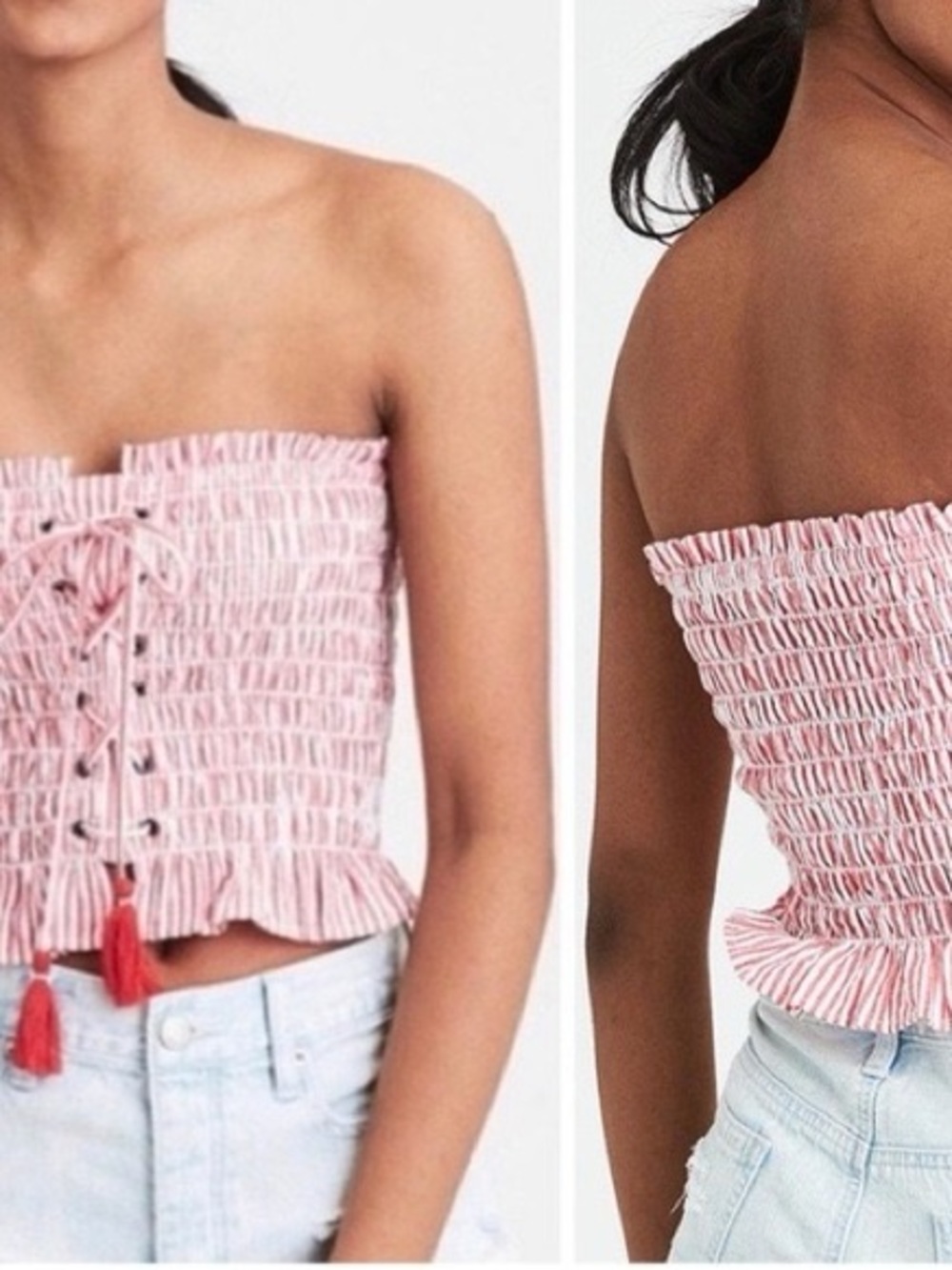 American Eagle Outfitters Smocked Lace-Up Strapless Crop Top